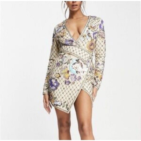 ASOS Sequin Mini Wrap Dress Size 6 Ornate Embellished Floral Beaded Long Sleeve